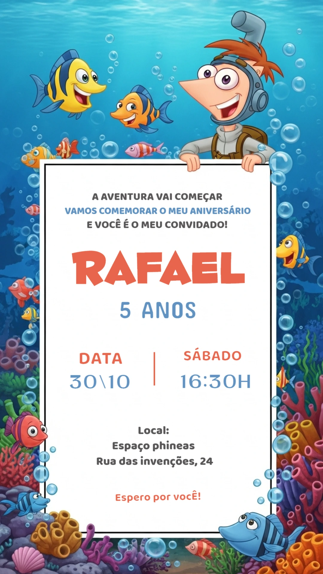 Convite Aniversário Phineas Fundo do Mar para Editar Online