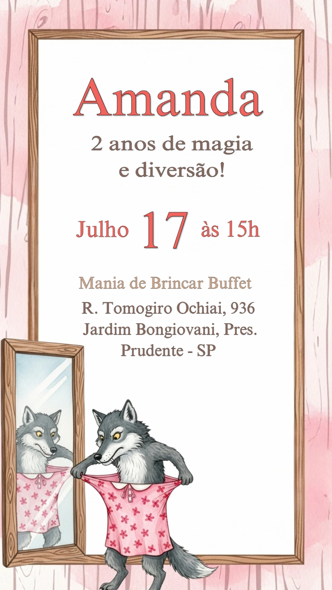 Convite Aniversário Chapeuzinho Vermelho com Lobo Mau para Editar