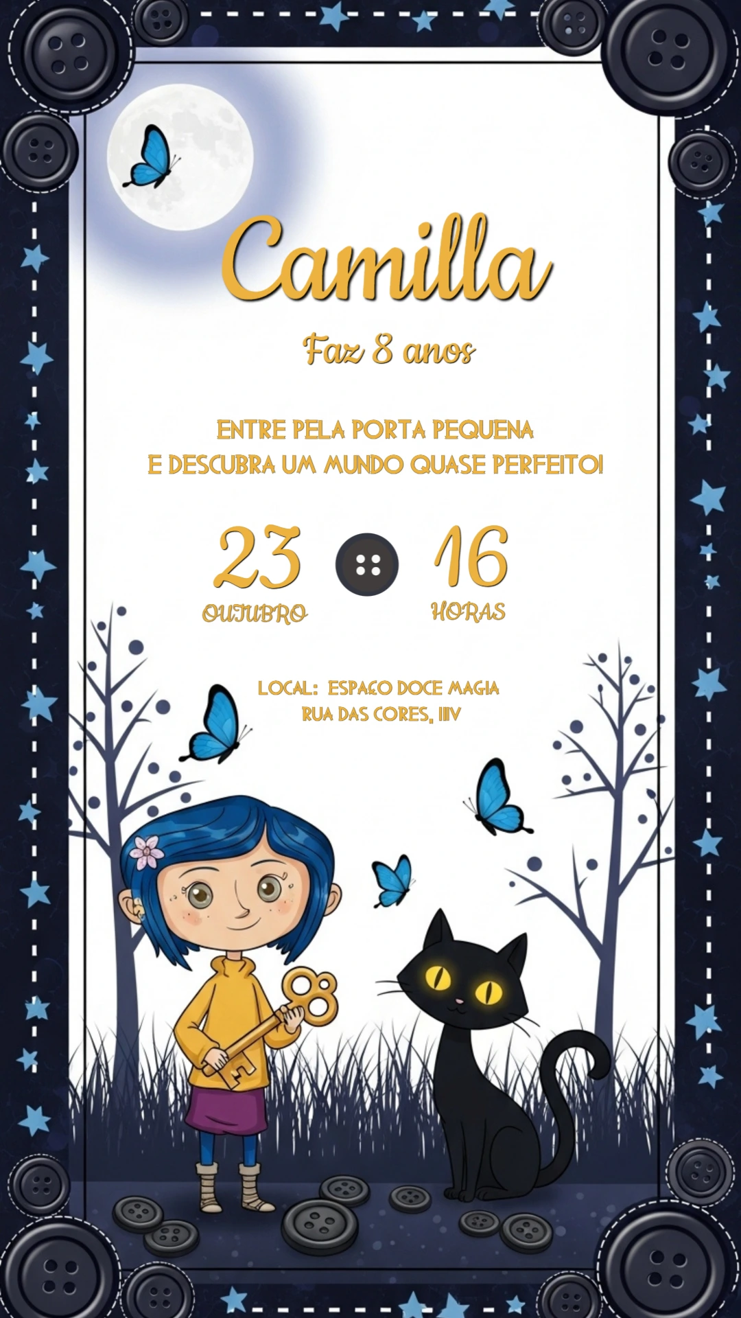 Convite de Aniversário Coraline Misterioso Modelo Digital