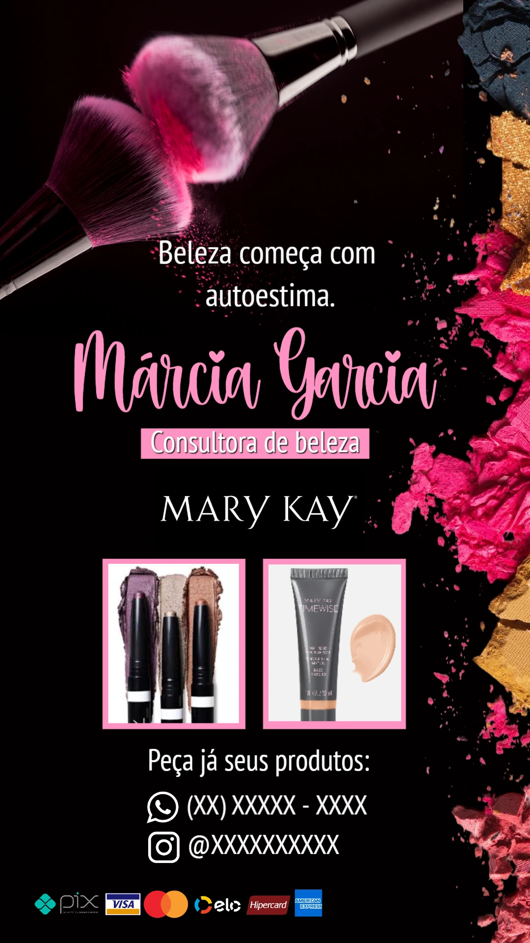 Cartão de Visita Mary Kay Editável com Tema de Maquiagem