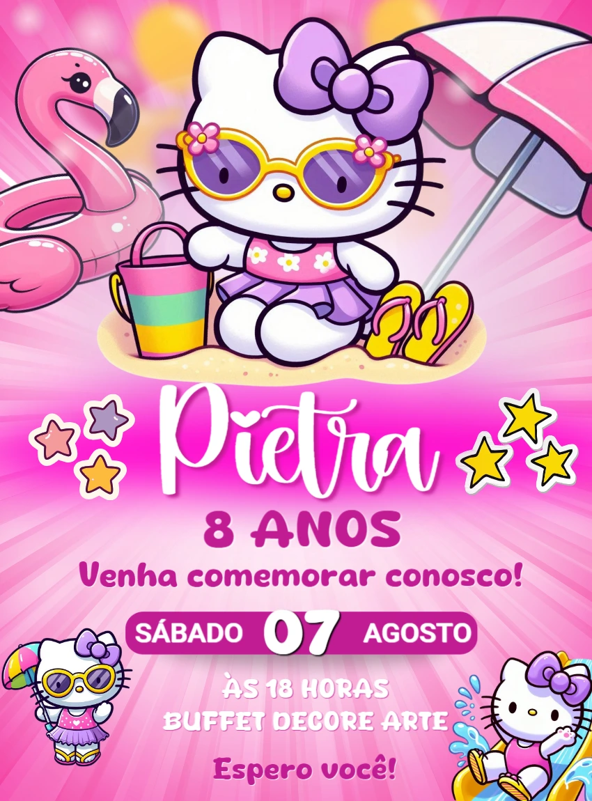 Convite Aniversário Hello Kitty Pool Party para Editar Online