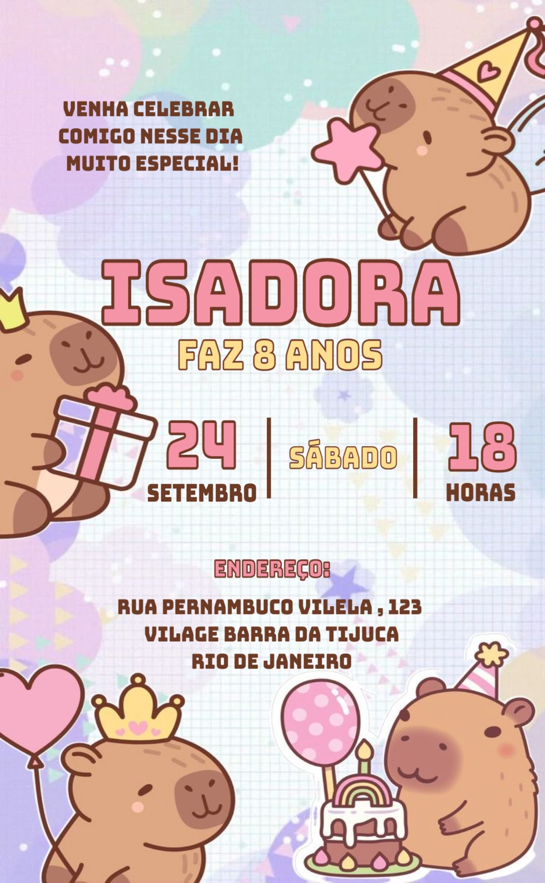 Convite de Aniversário Capivara Fofa para Editar Online