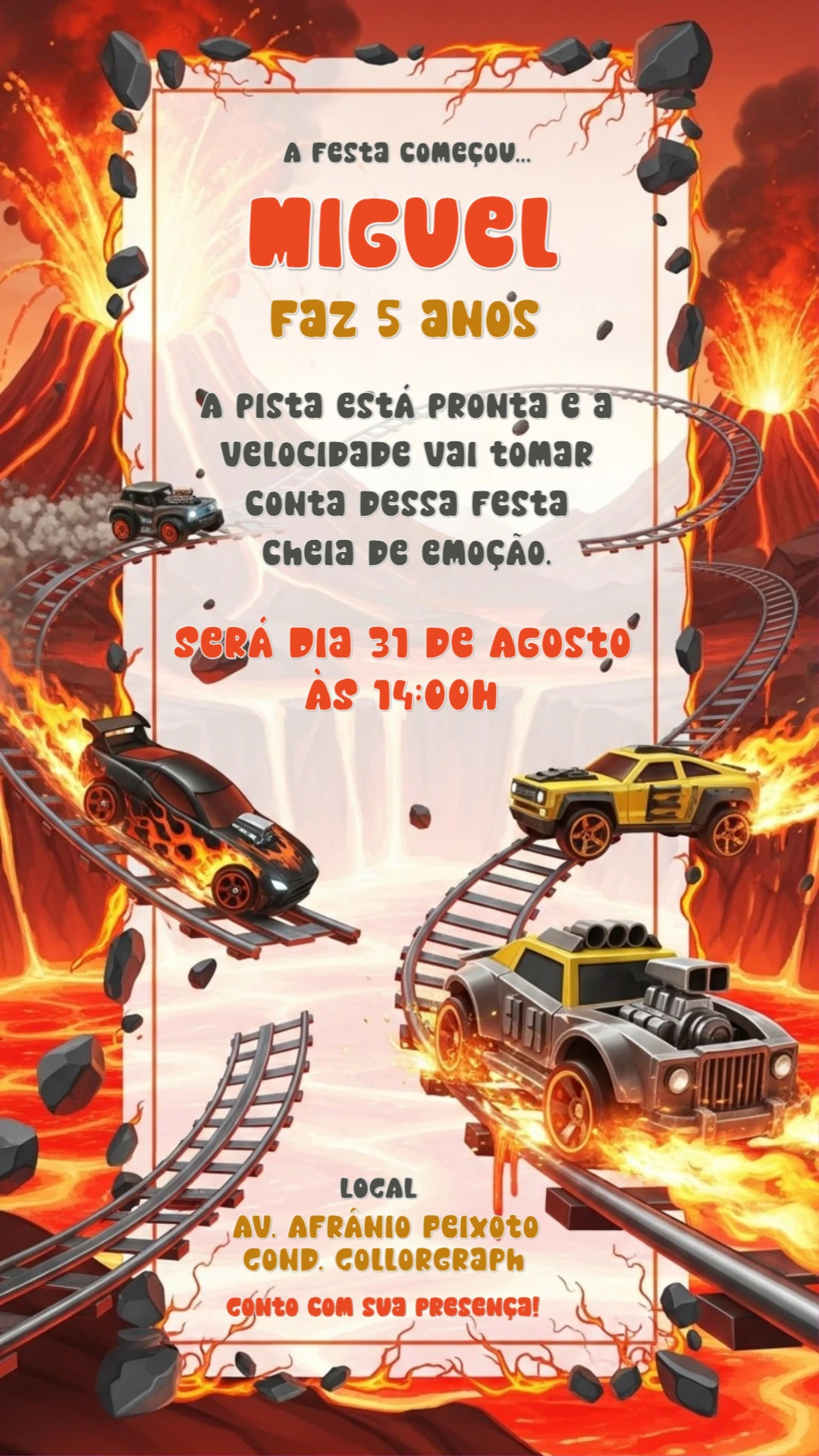 Convite Aniversário Carros e Vulcão para Editar Online
