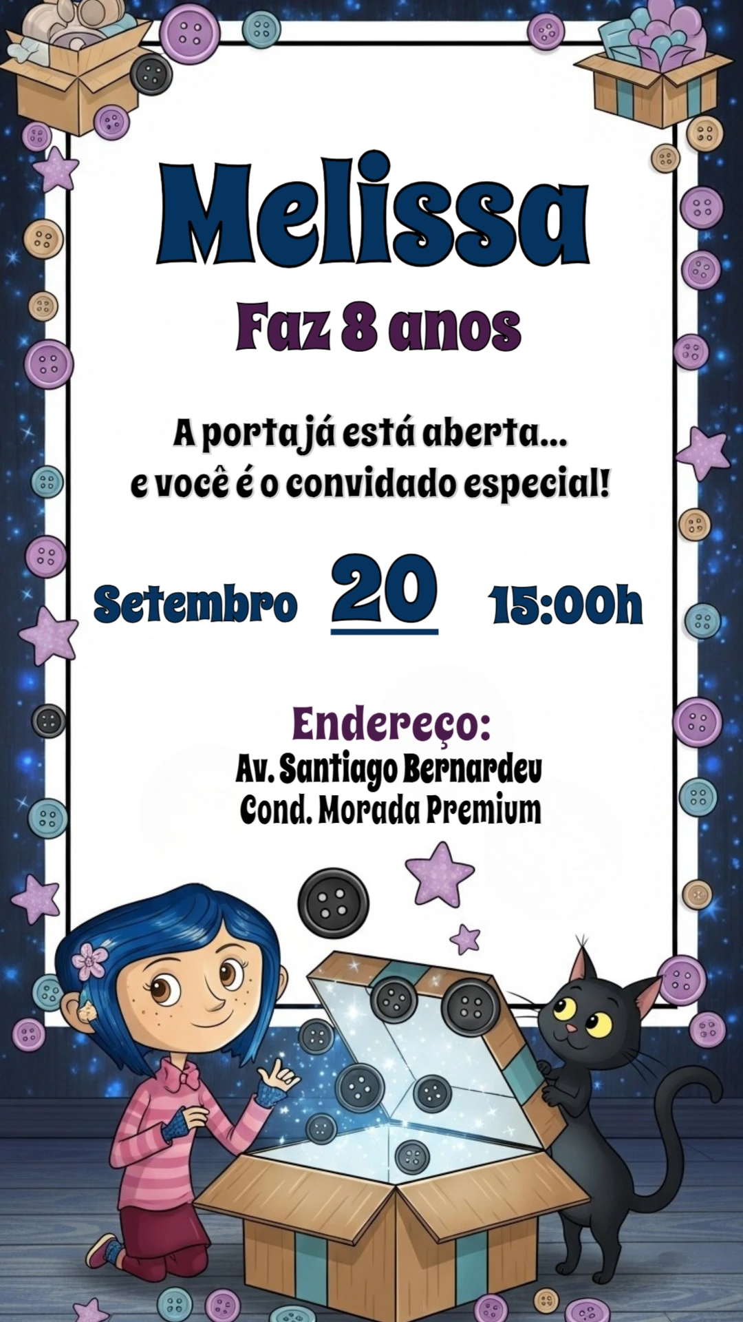 Convite de Aniversário Coraline para Editar Online