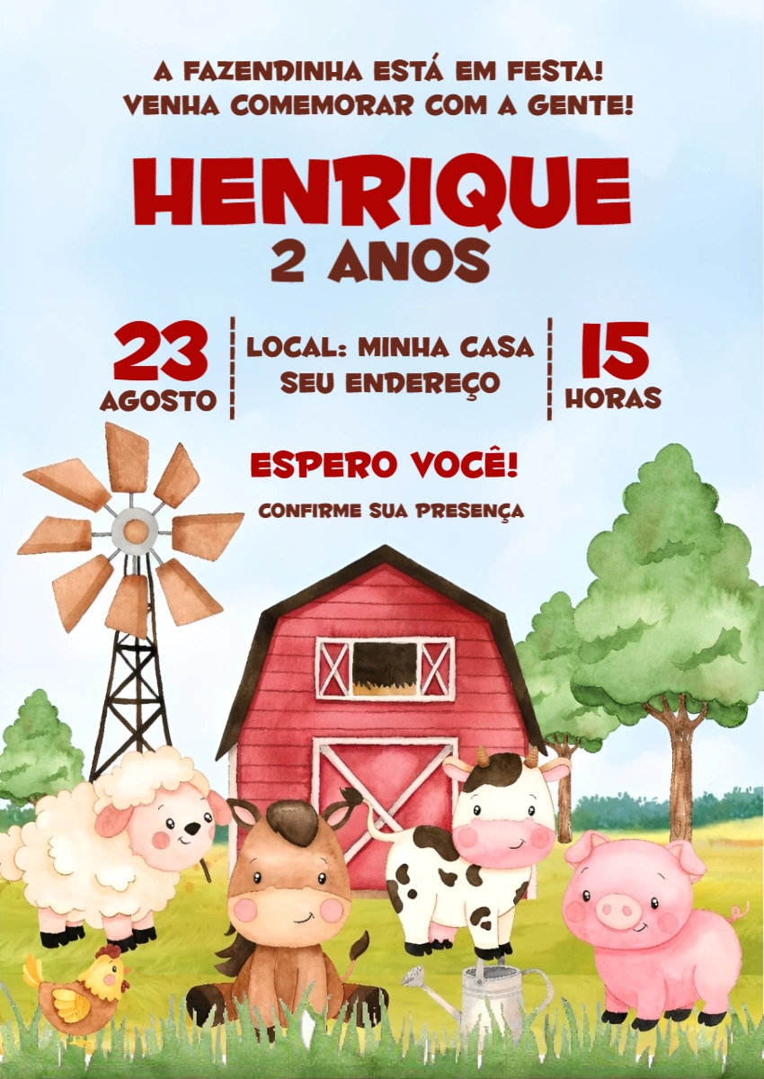 Convite de Aniversário Fazendinha com Animais para Editar