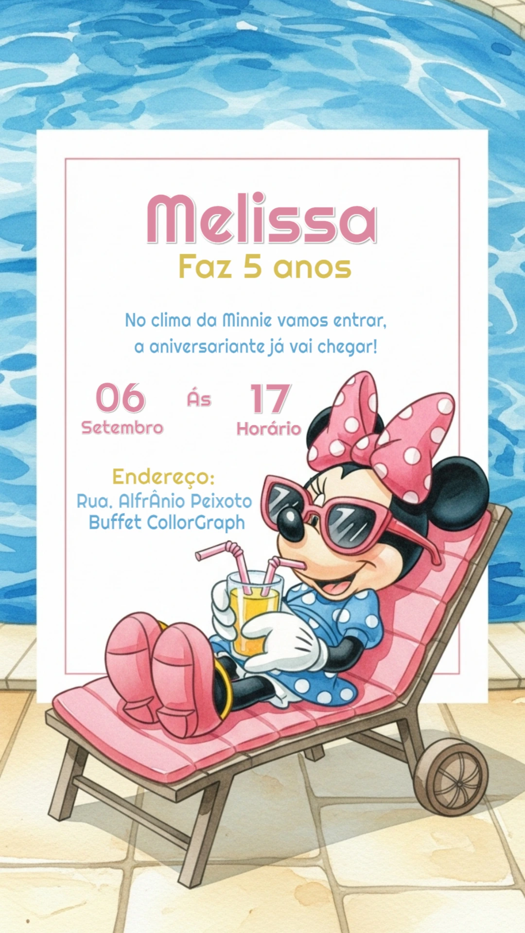 Convite Aniversário Minnie Pool Party para Editar Online