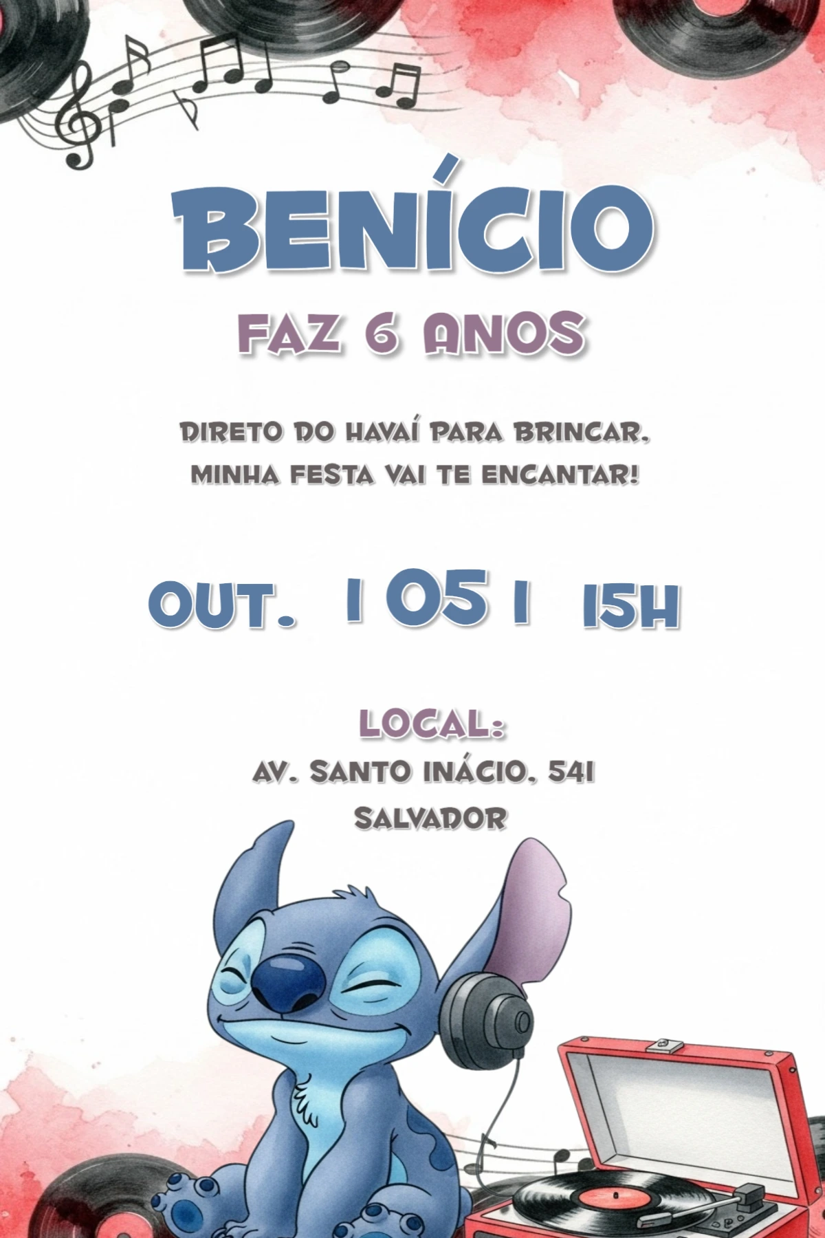 Convite de Aniversário Stitch Musical para Editar Online