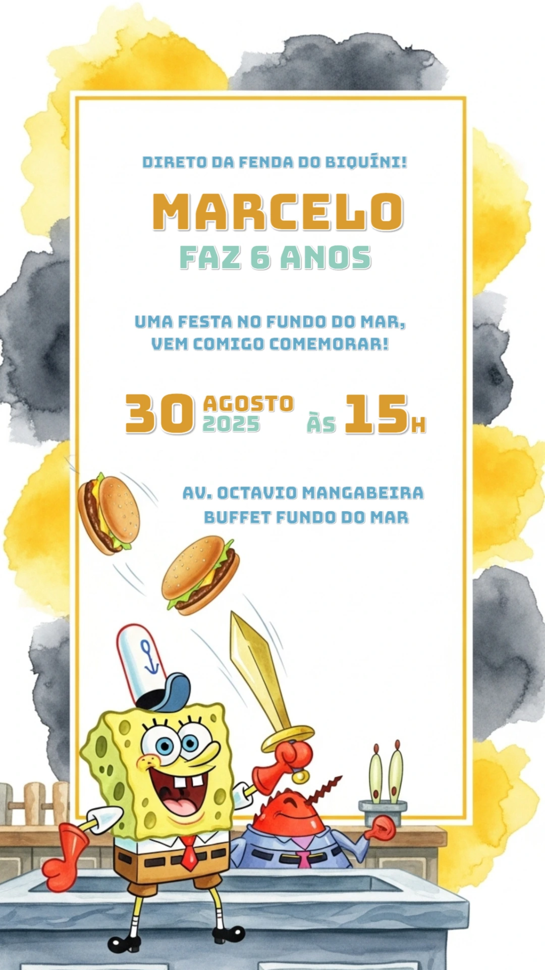 Convite de Aniversário Bob Esponja com Personagens para Editar