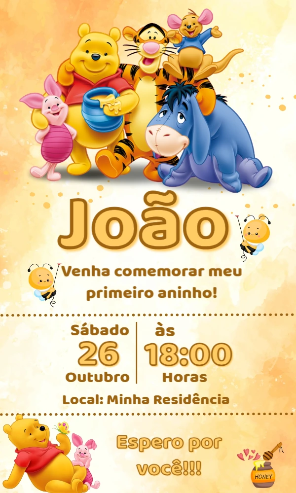 Convite de Aniversário Ursinho Pooh para Editar Online