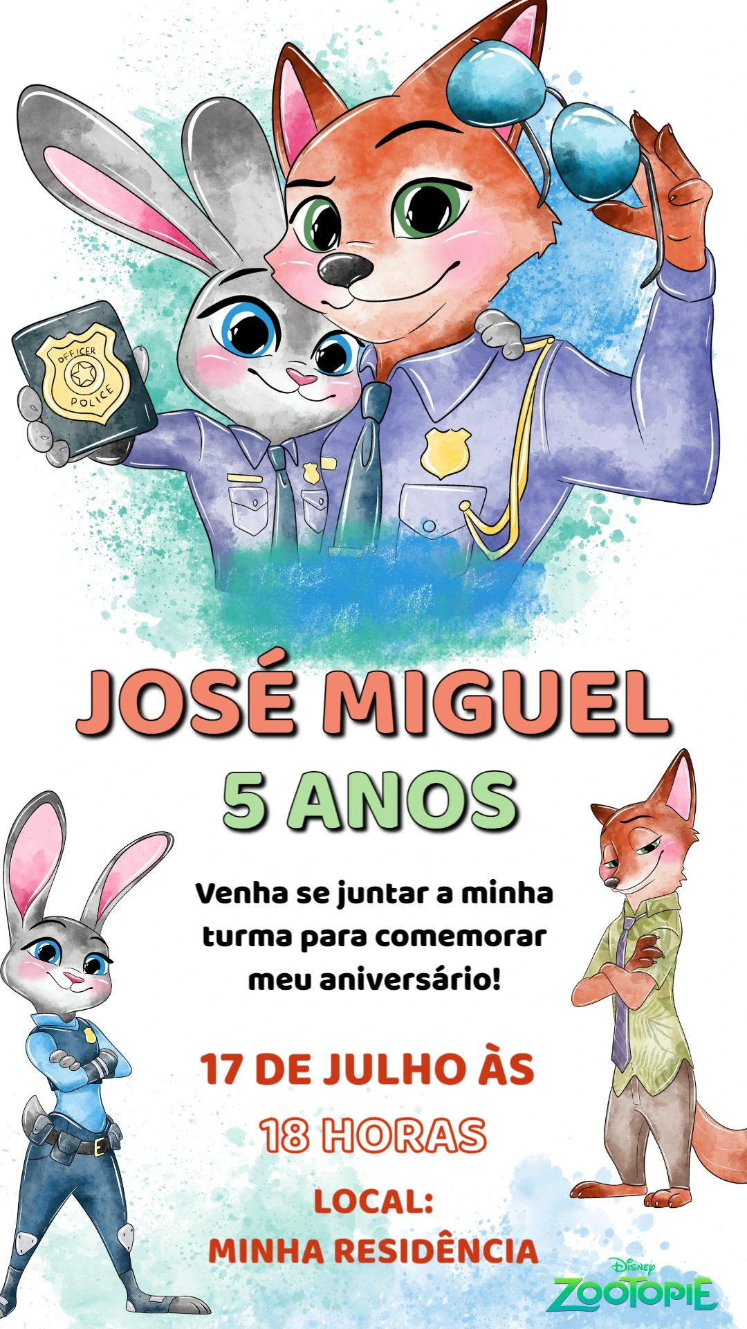 Convite de Aniversário Zootopia Aquarela para Editar