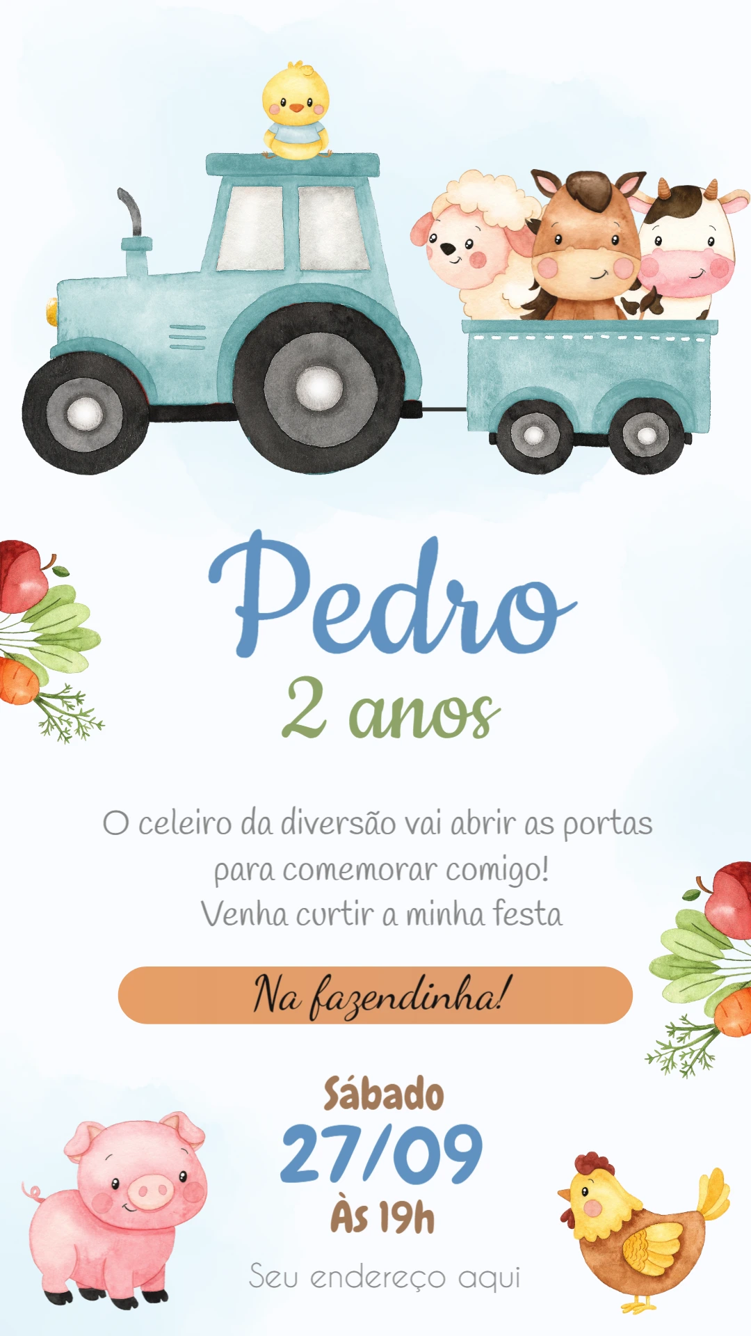 Convite de Aniversário Fazendinha com Trator para Editar
