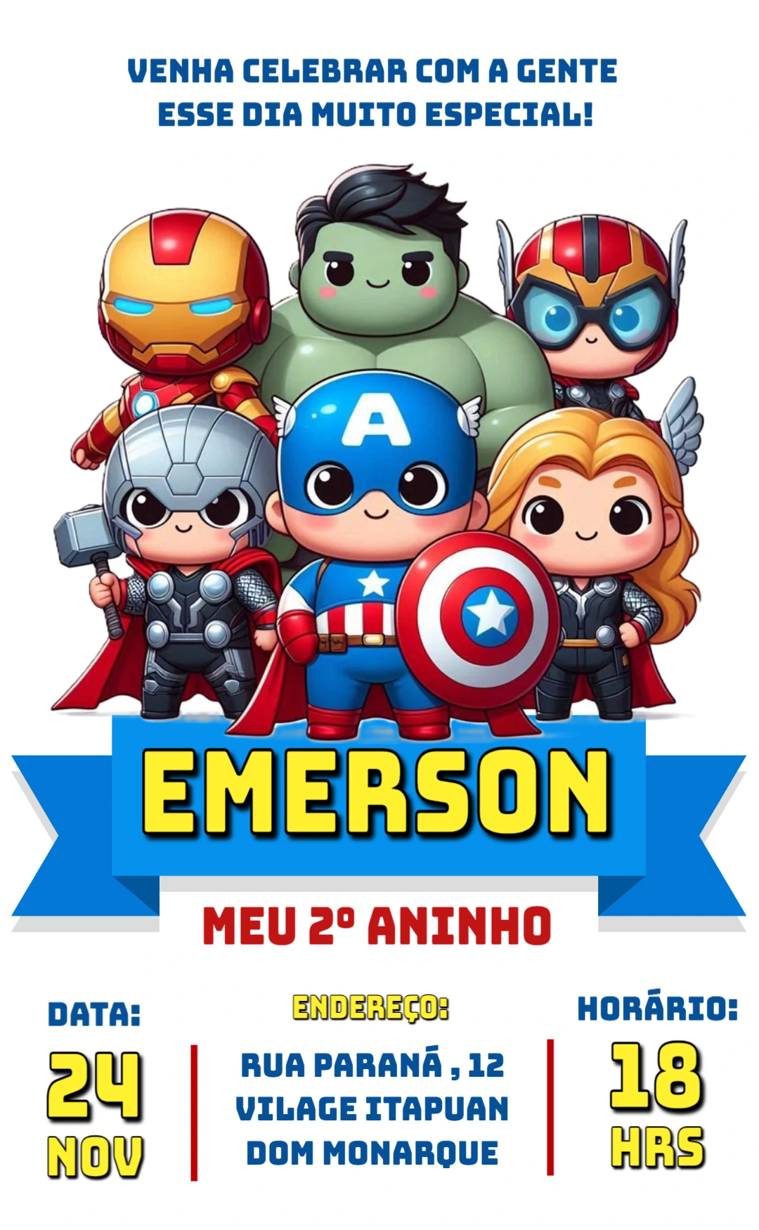 Convite de Aniversário Super-Heróis Fofos para Editar Online