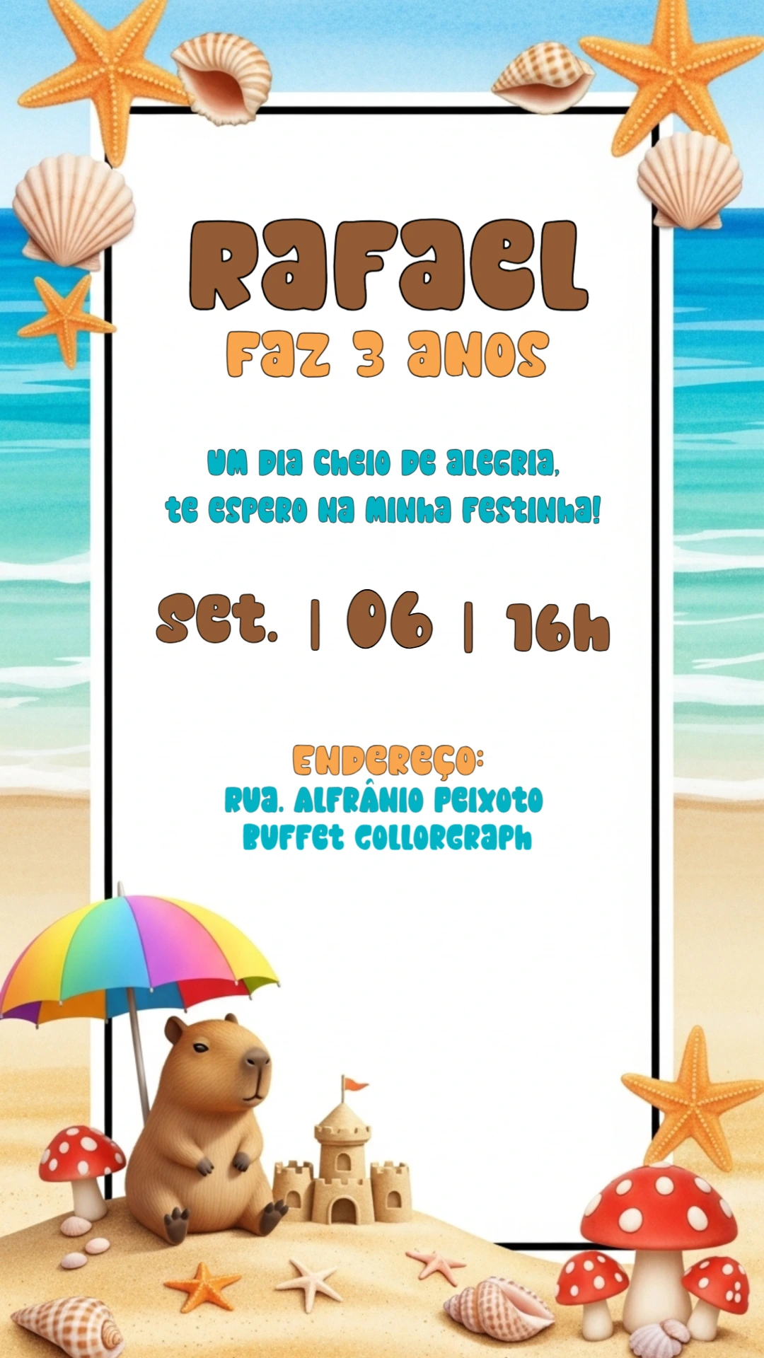 Convite de Aniversário Capivara na Praia para Editar Online