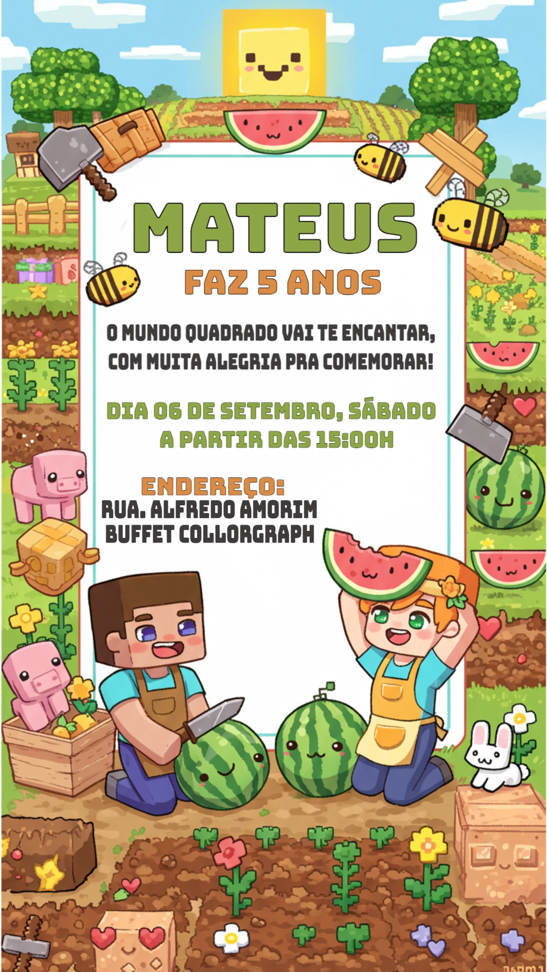 Convite Aniversário Minecraft Fazendinha para Editar Online