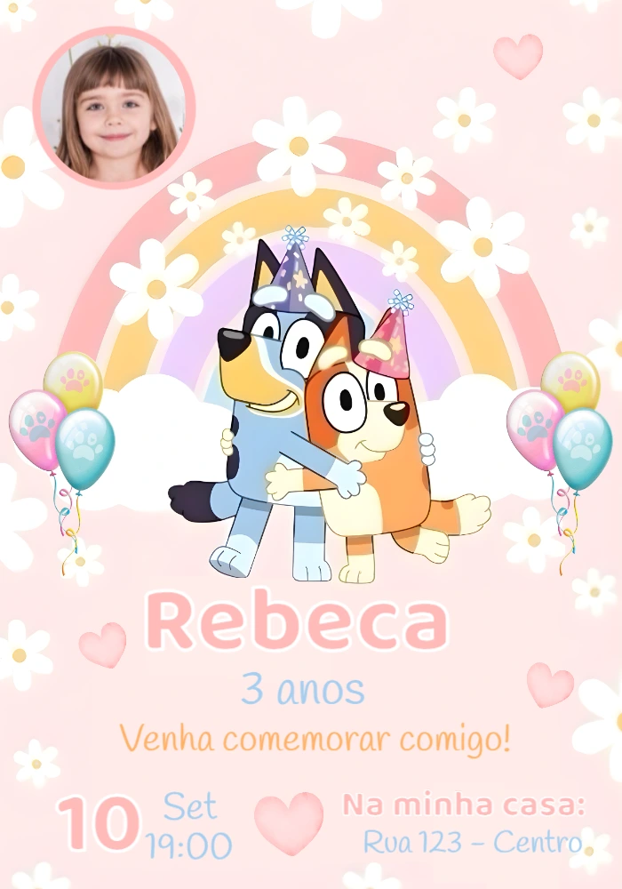 Convite Aniversário Bluey e Bingo com Foto para Editar Online