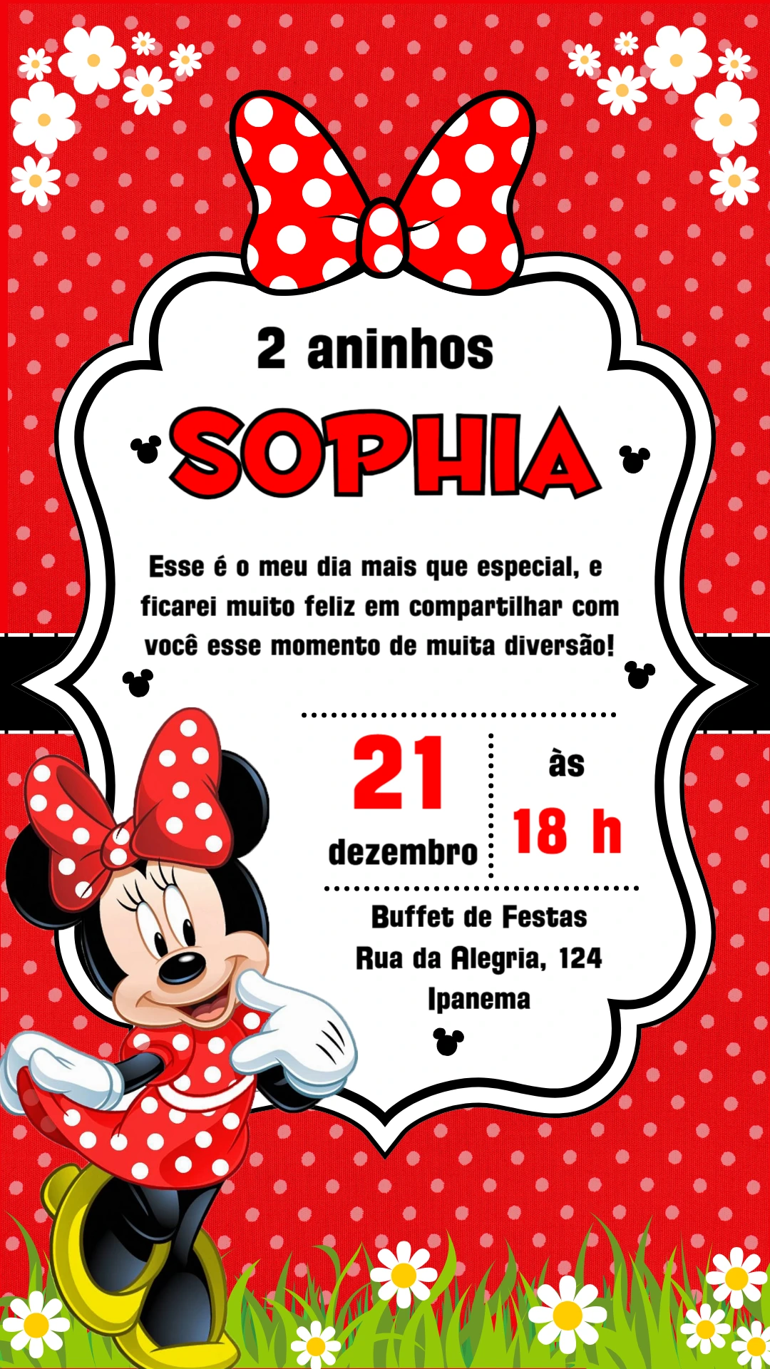 Convite de Aniversário Minnie Vermelha Jardim para Editar Online