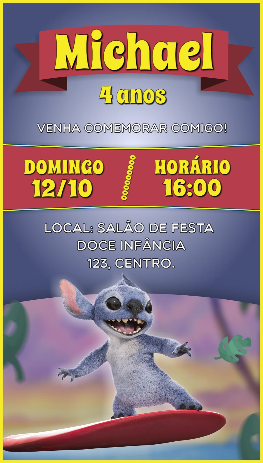 Convite de Aniversário Stitch para Editar Online
