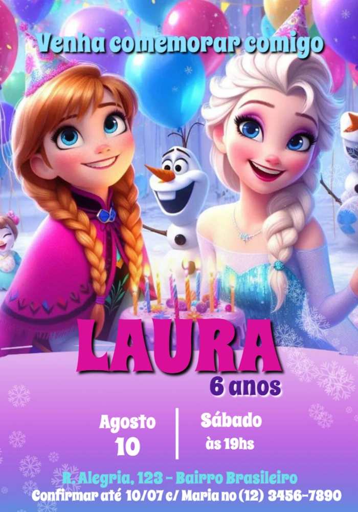 Convite Aniversário Frozen com Anna e Elsa para Editar Online