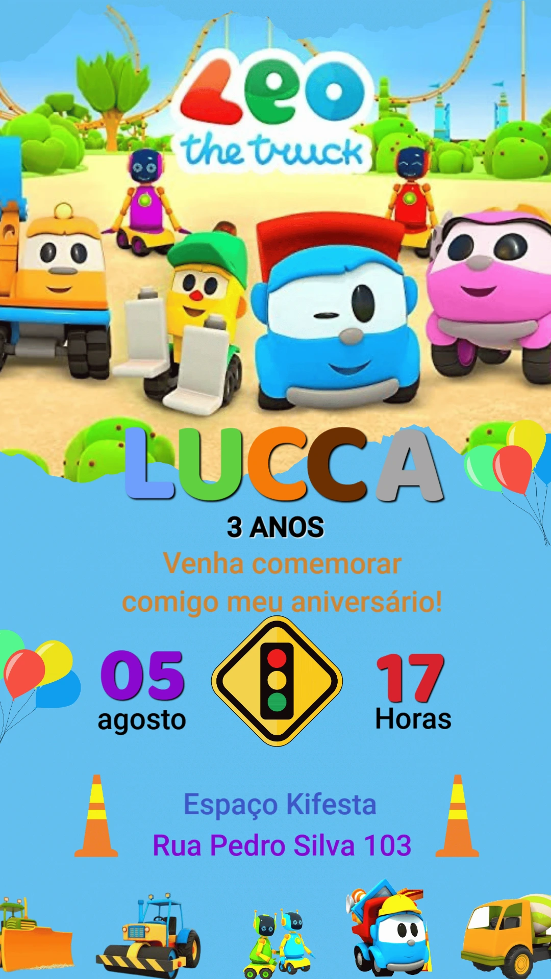Convite de Aniversário Leo o Caminhão Colorido para Editar