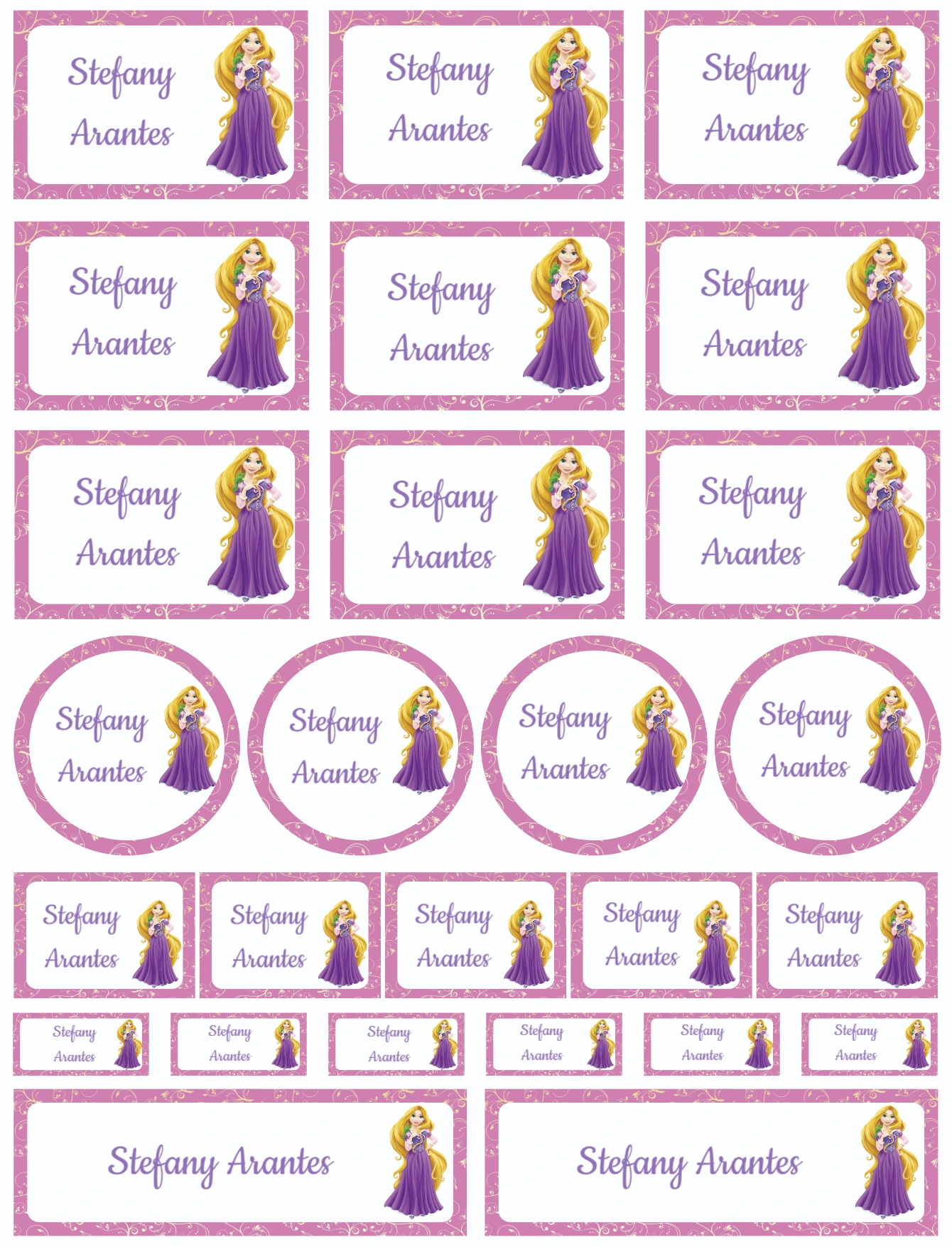 Etiquetas Escolares Rapunzel Roxo e Dourado para Editar