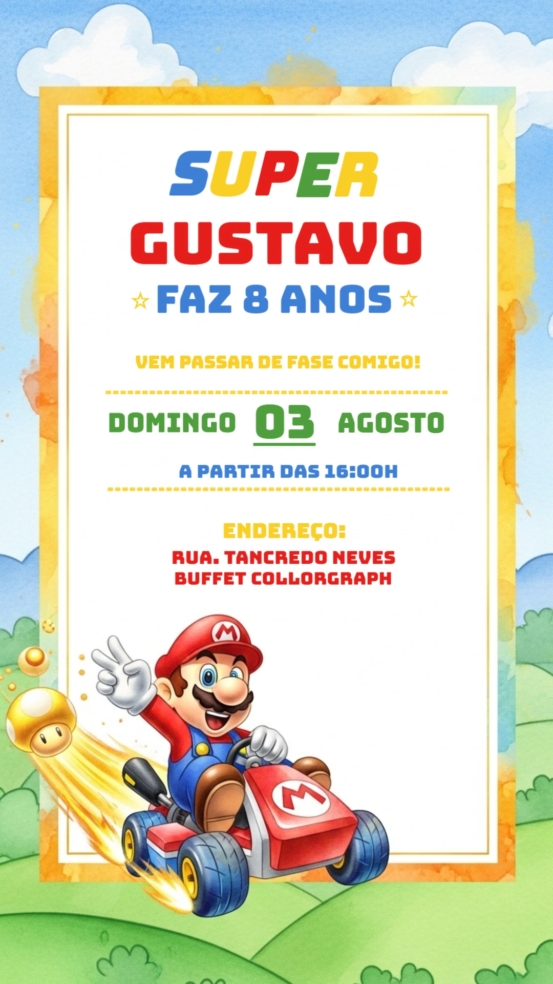 Convite de Aniversário Super Mario Kart para Editar Online