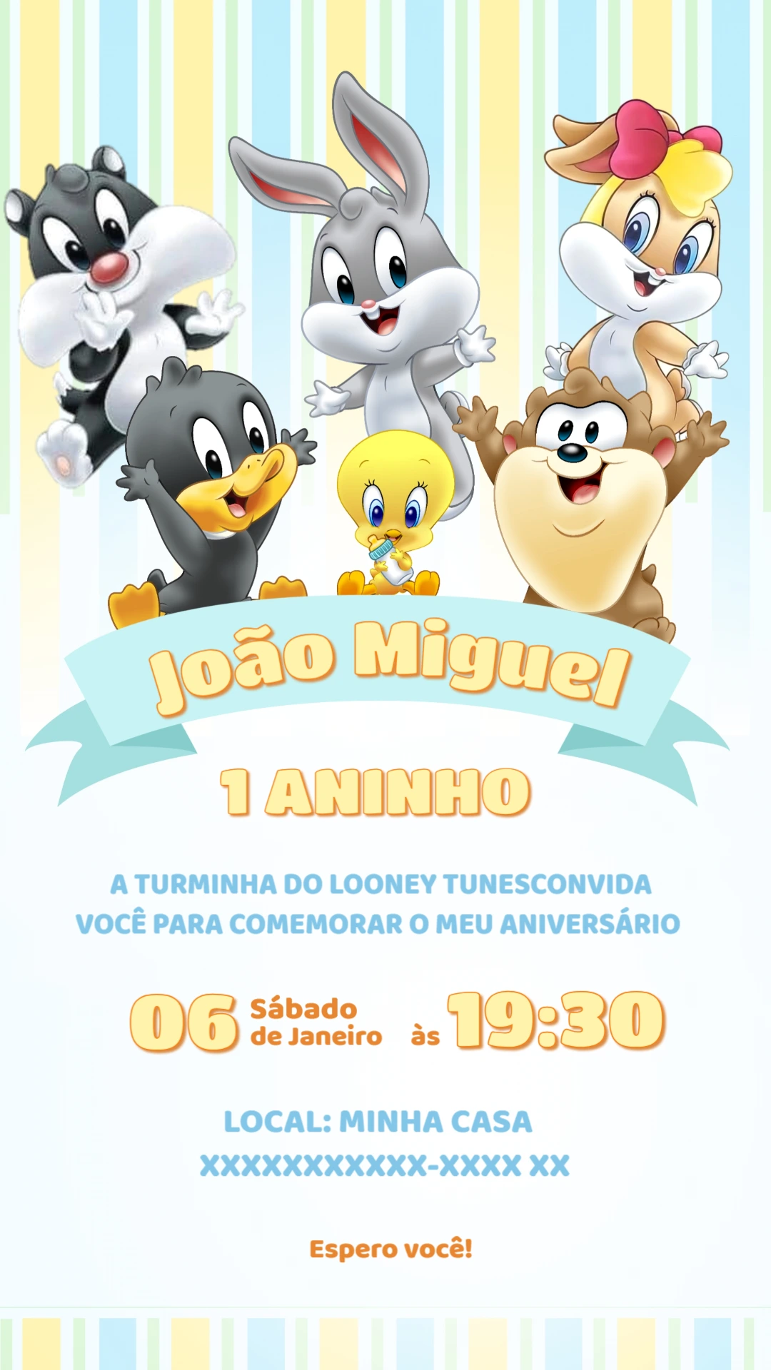 Convite Aniversário Baby Looney Tunes para Editar Online