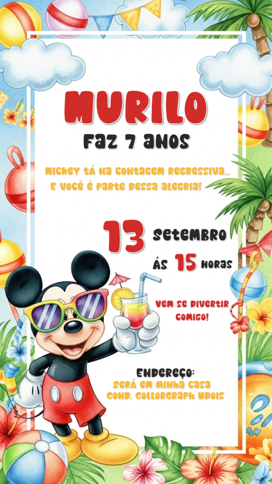 Convite Aniversário Mickey Verão para Editar Online