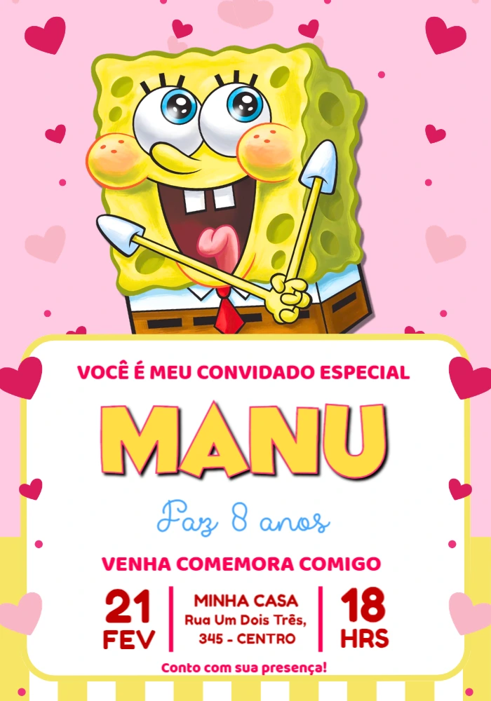 Convite de Aniversário Bob Esponja Rosa Modelo Editável
