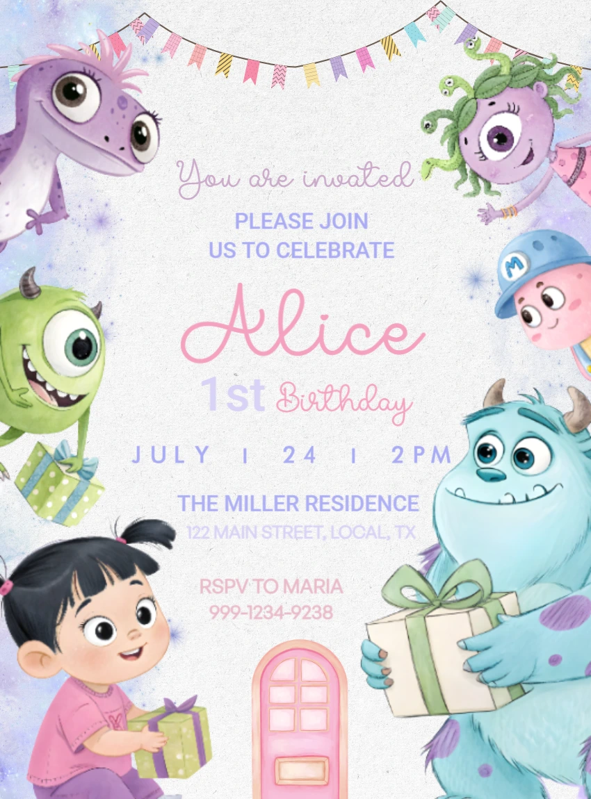 Editable Monsters Inc. Birthday Invitation with Characters