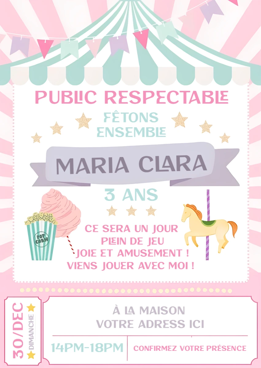 Invitation d'anniversaire Circus Rose