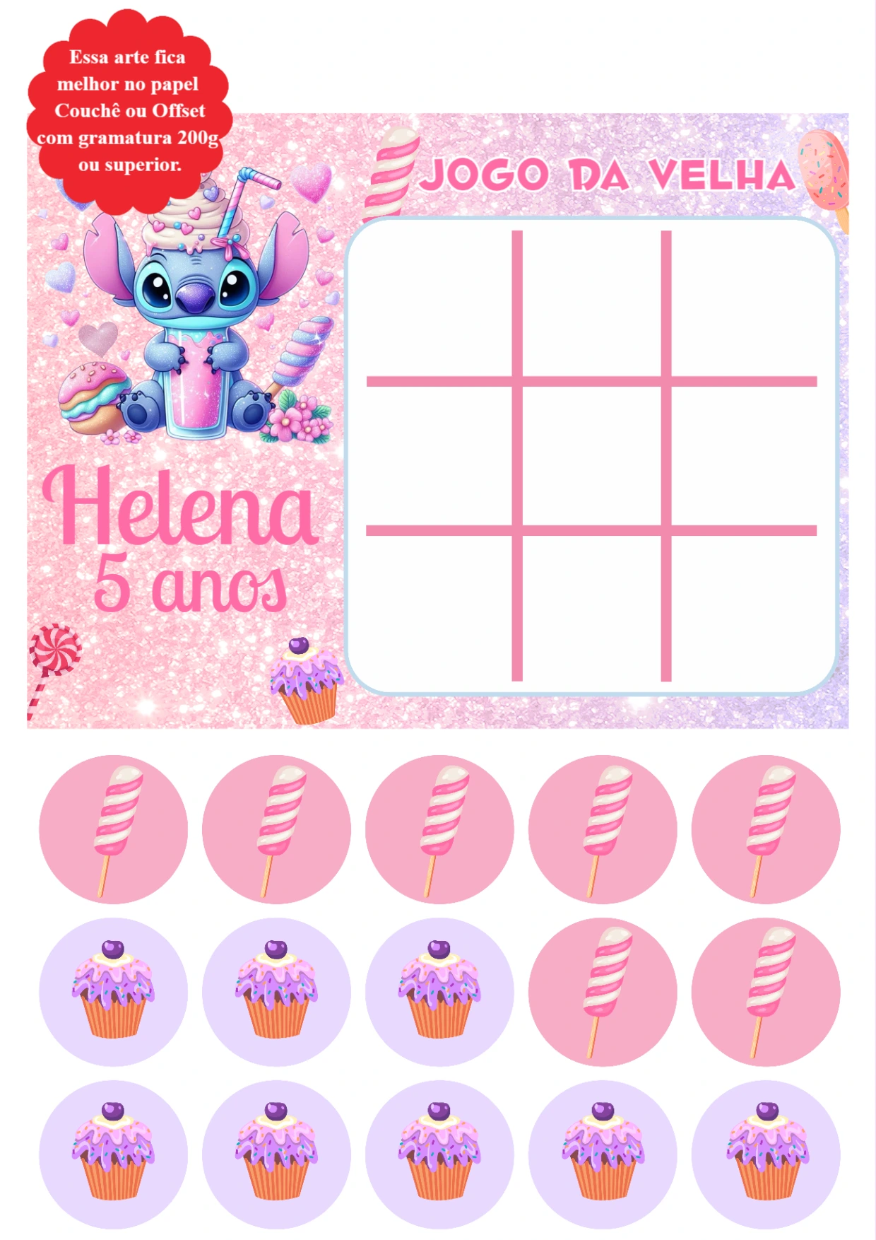 Lembrancinha Jogo da Velha Stitch Rosa Editável para Aniversário