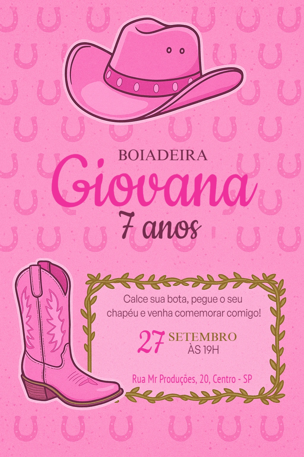 Convite Aniversário Boiadeira Country Rosa para Editar