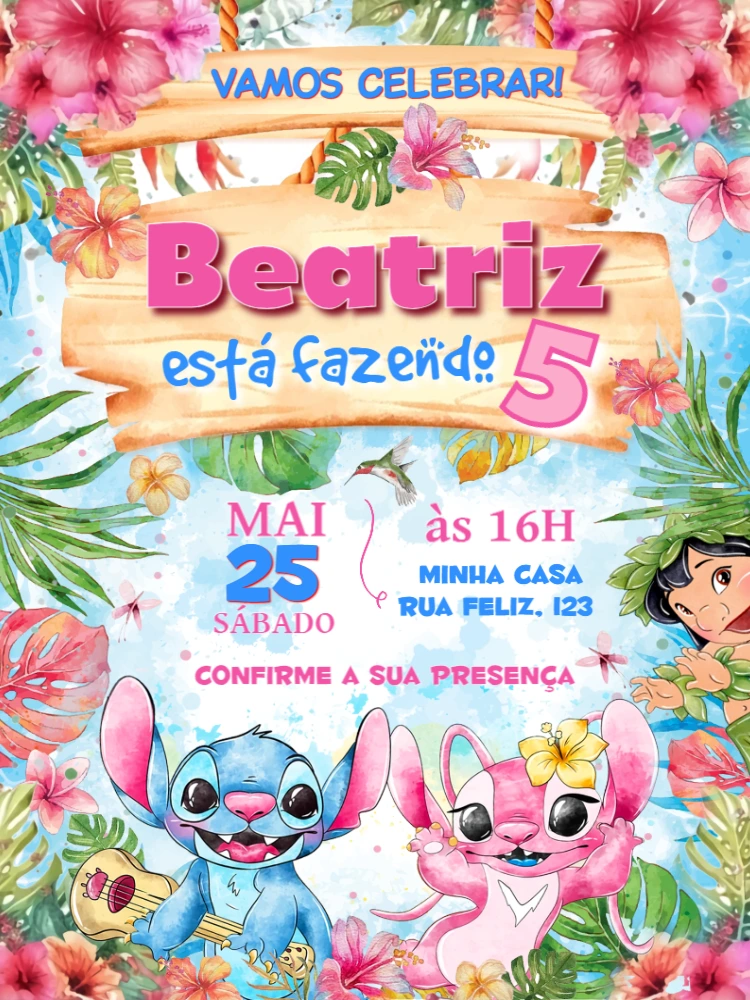 Convite de Aniversário Lilo e Stitch para Editar Online