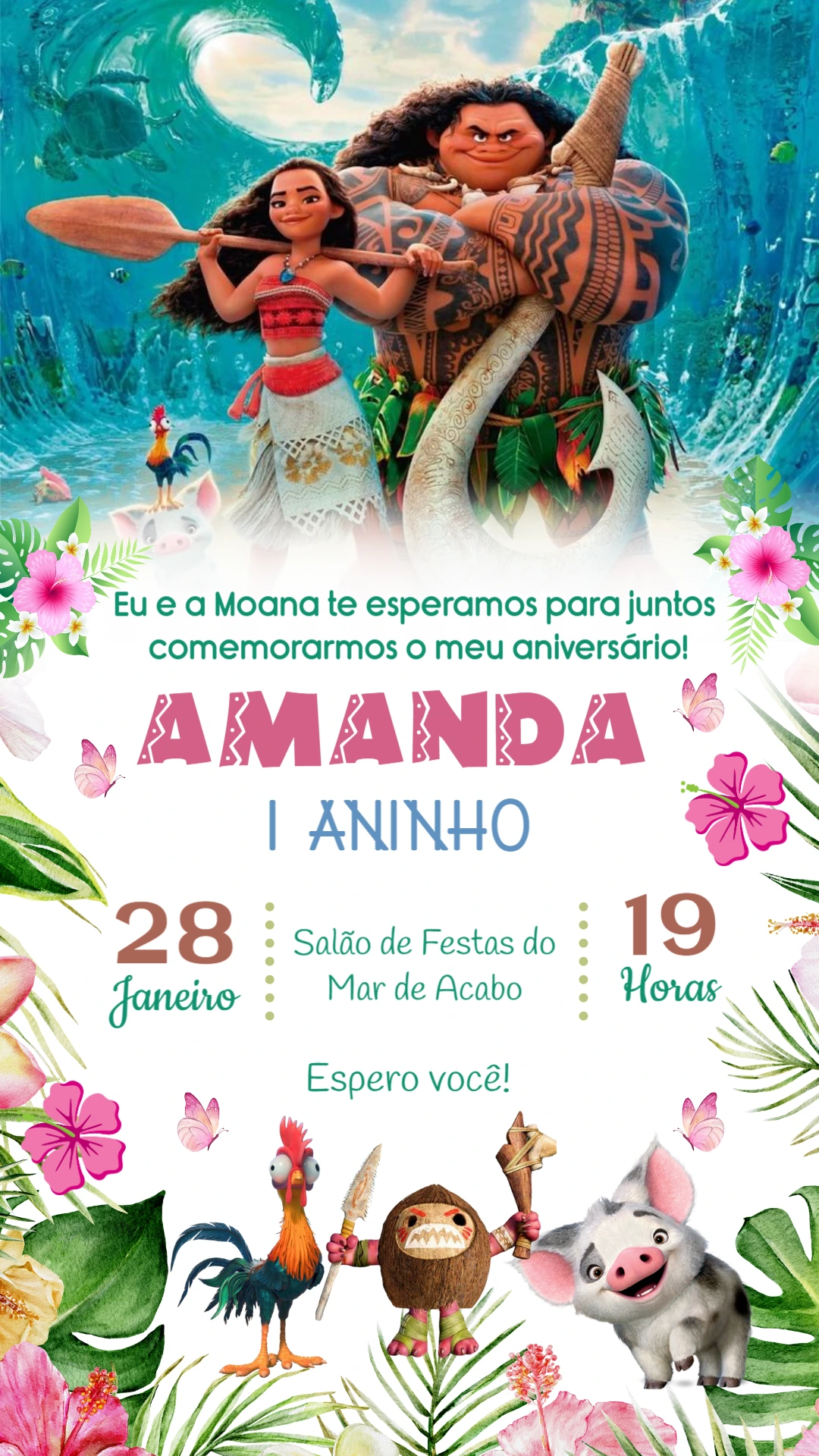 Convite Aniversário Moana com Personagens para Editar Online