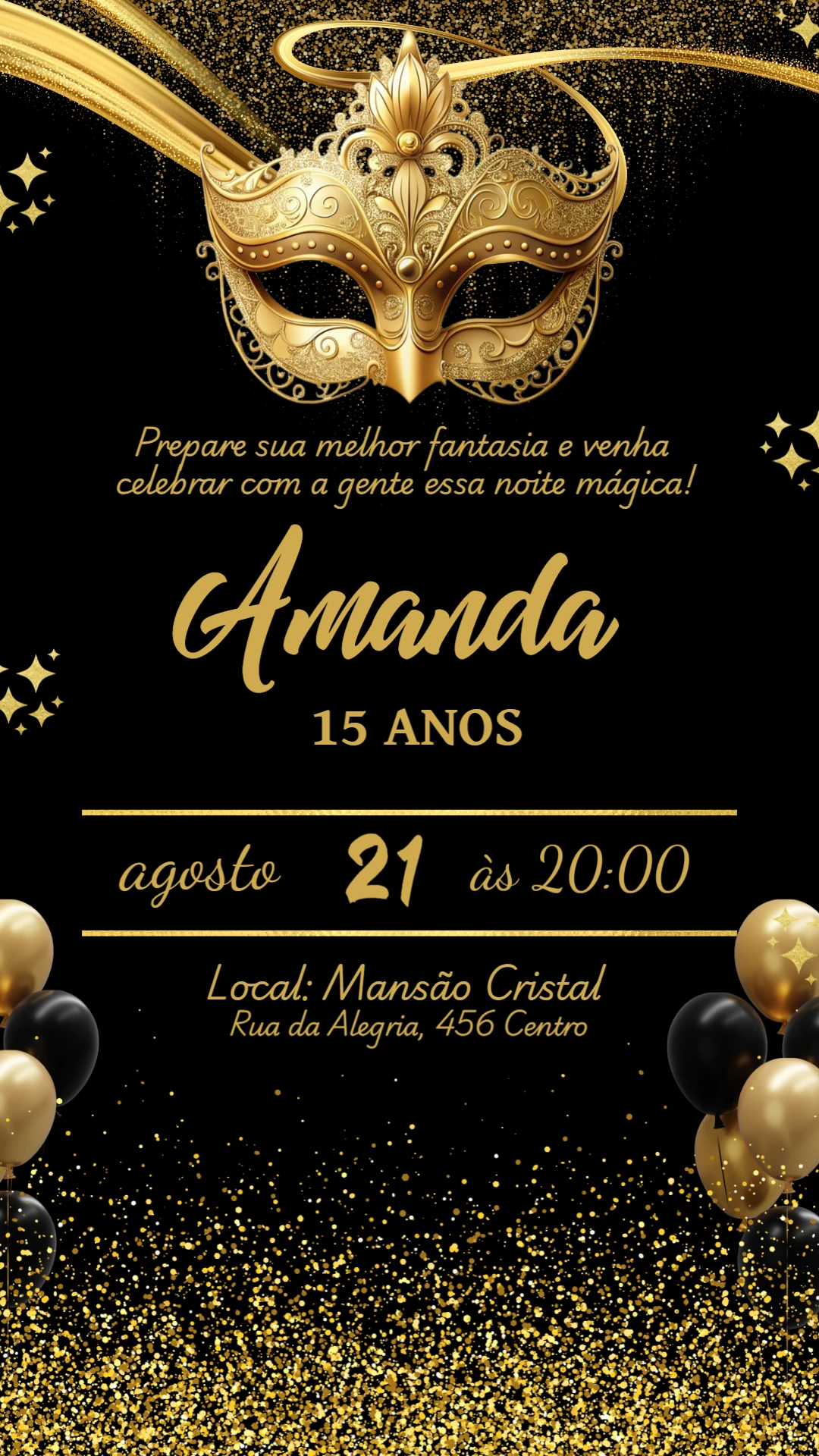 Convite Aniversário Baile de Máscaras Dourado para Editar