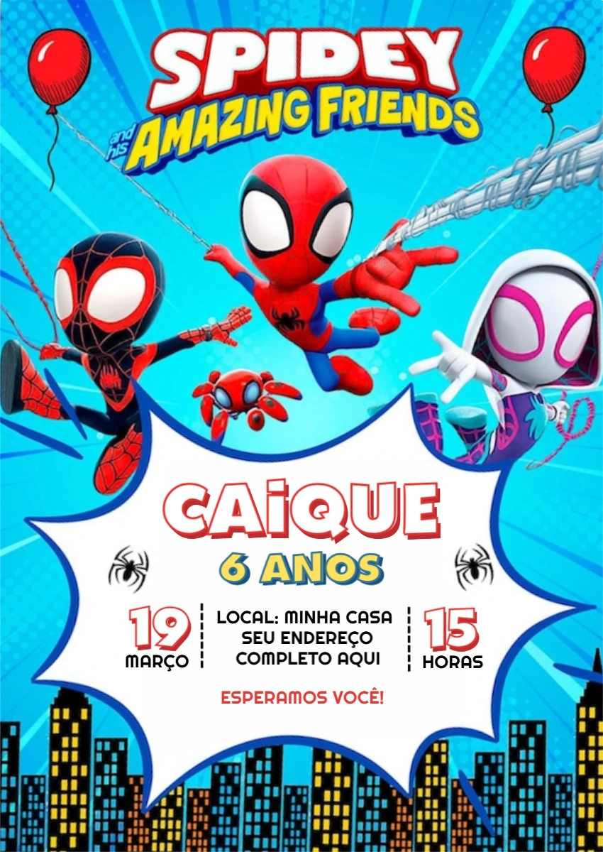 Convite de Aniversário Spidey e Amigos Espetaculares Editável