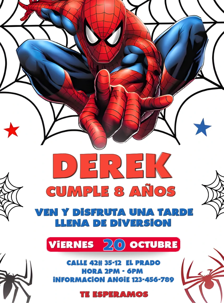 Invitación de Cumpleaños del Hombre Araña para Editar y Enviar
