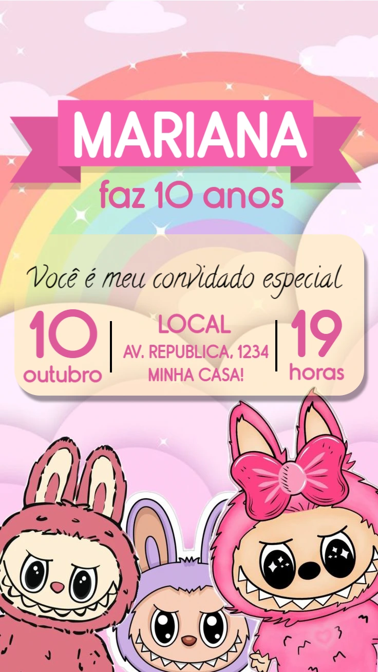 Convite de Aniversário Labubu Rosa Editável para Imprimir