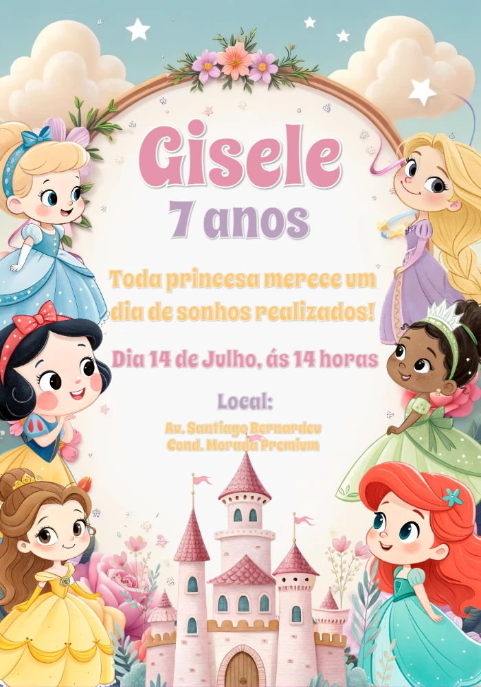 Convite de Aniversário Princesas Disney para Editar Online