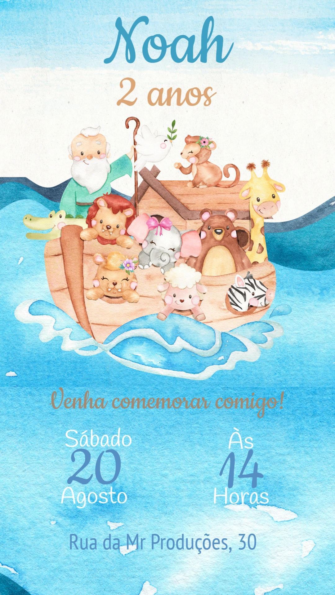 Convite Aniversário Arca de Noé com Animais para Editar Online