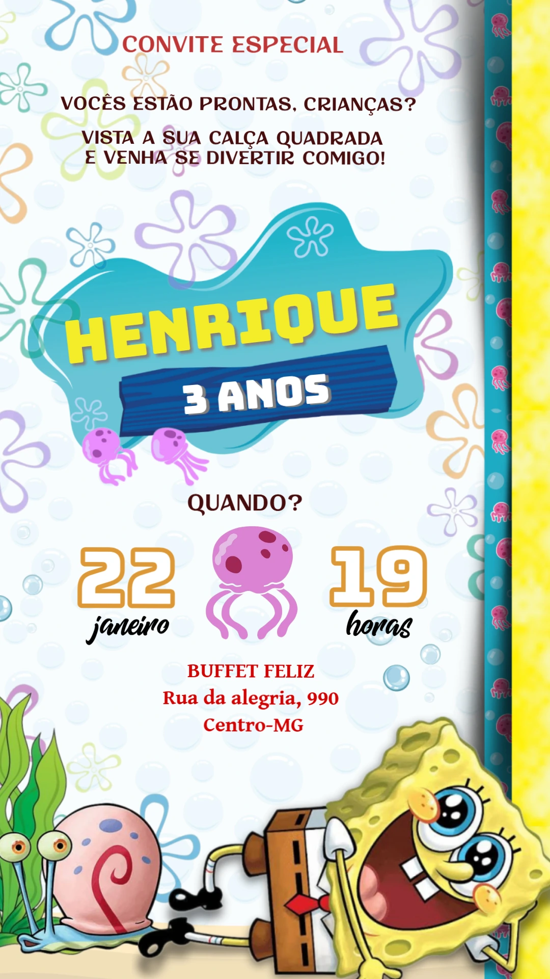 Convite de Aniversário Bob Esponja Fundo do Mar para Editar