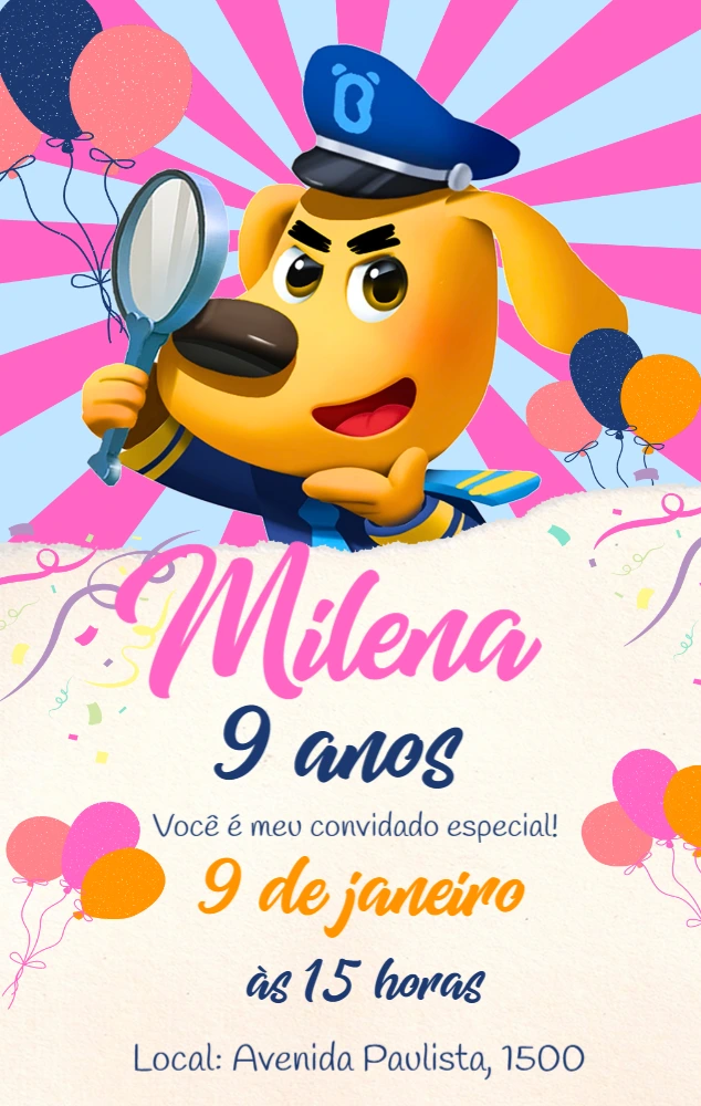 Convite Aniversário Detetive Cachorro para Editar Online