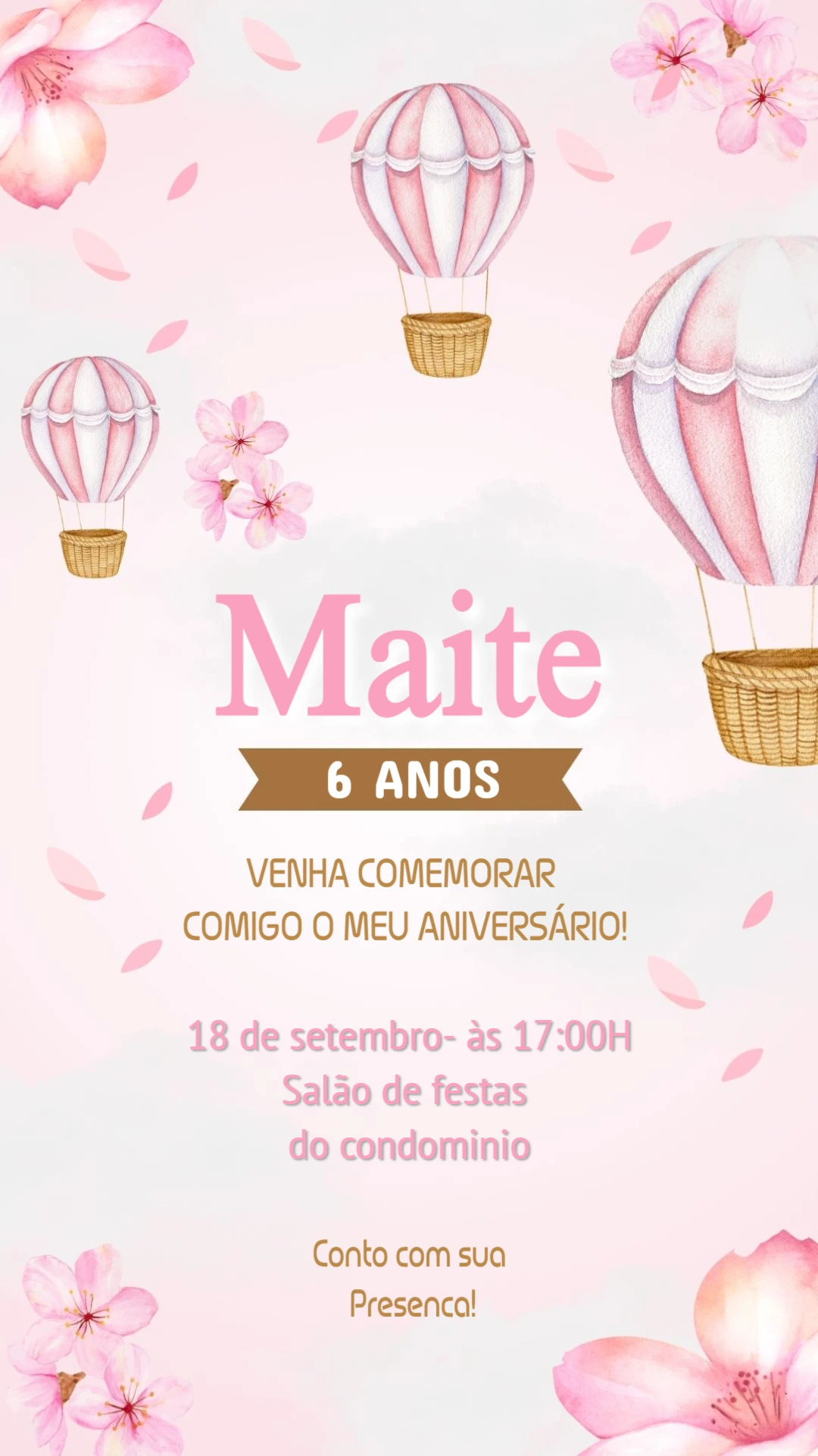 Convite de Aniversário Balões Rosa e Flores para Editar
