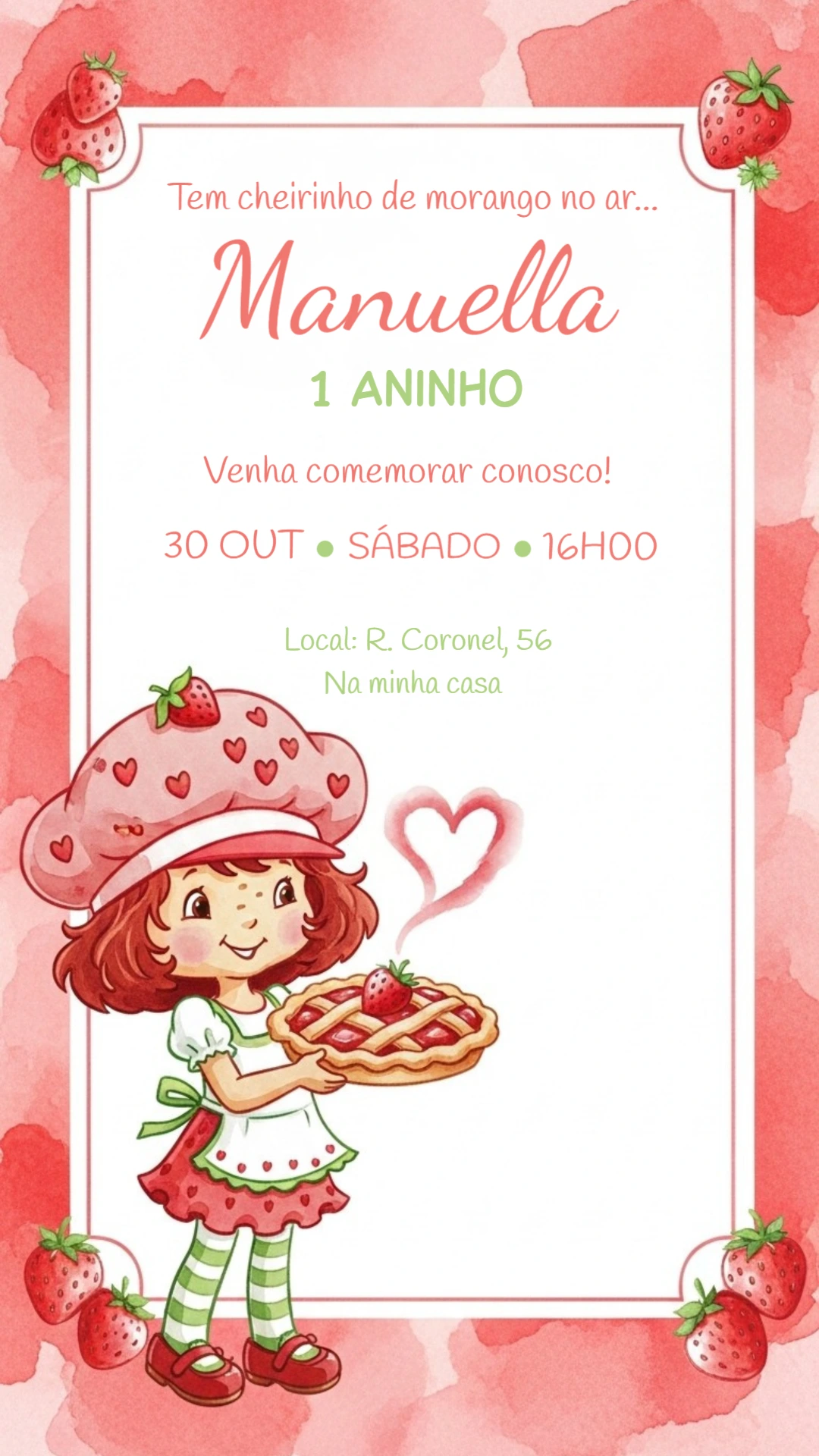 Convite de Aniversário Moranguinho Clássica para Editar