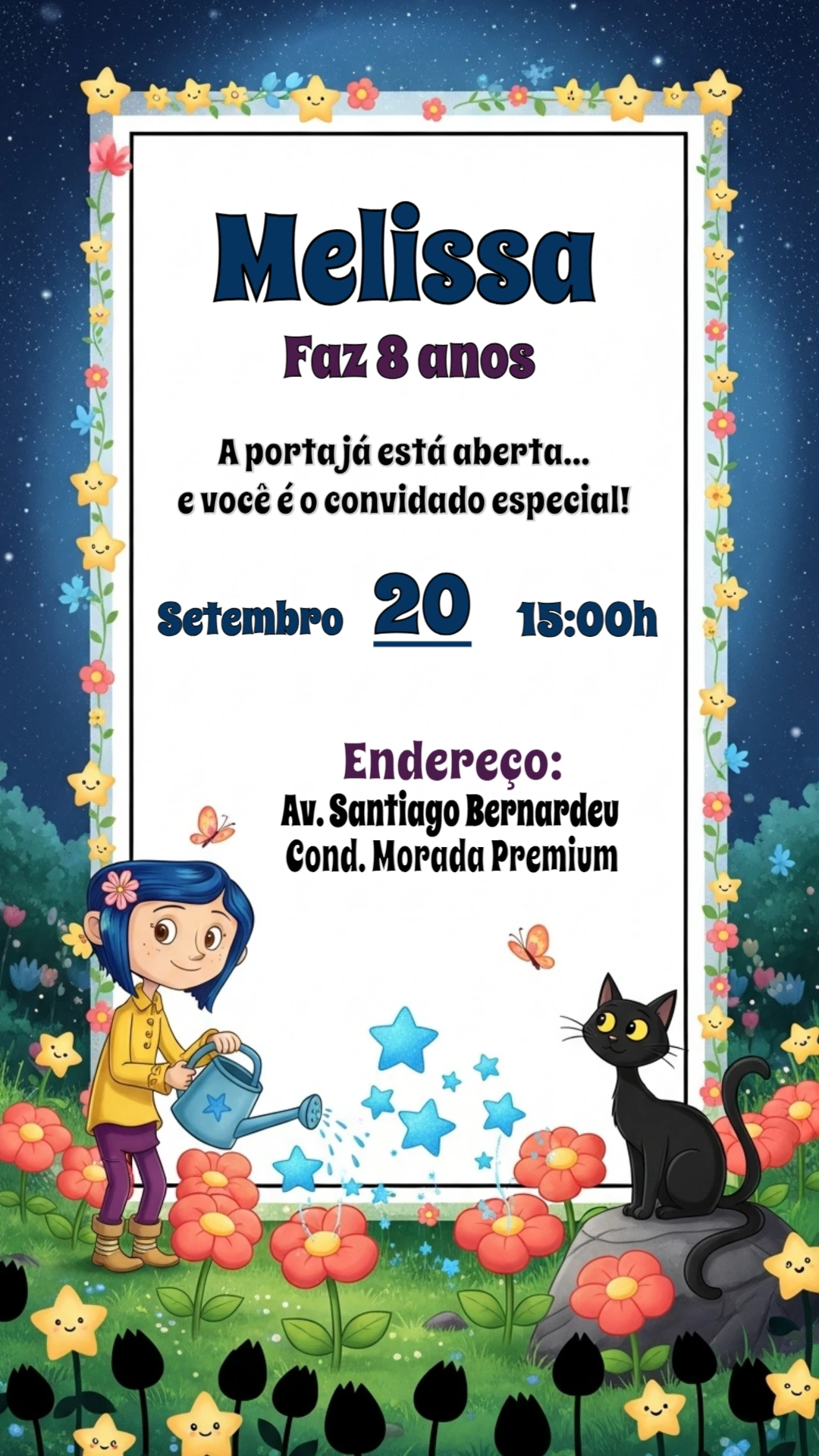 Convite de Aniversário Coraline com Personagens para Editar