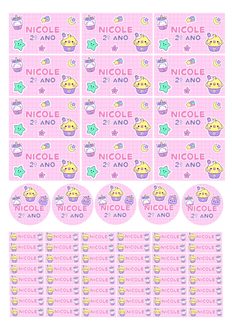 Kit Etiqueta Escolar Unicórnio e Cupcake para Editar e Imprimir