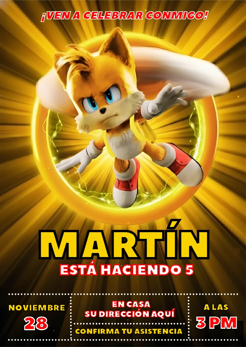 Invitación de Cumpleaños de Tails de Sonic para Editar Online