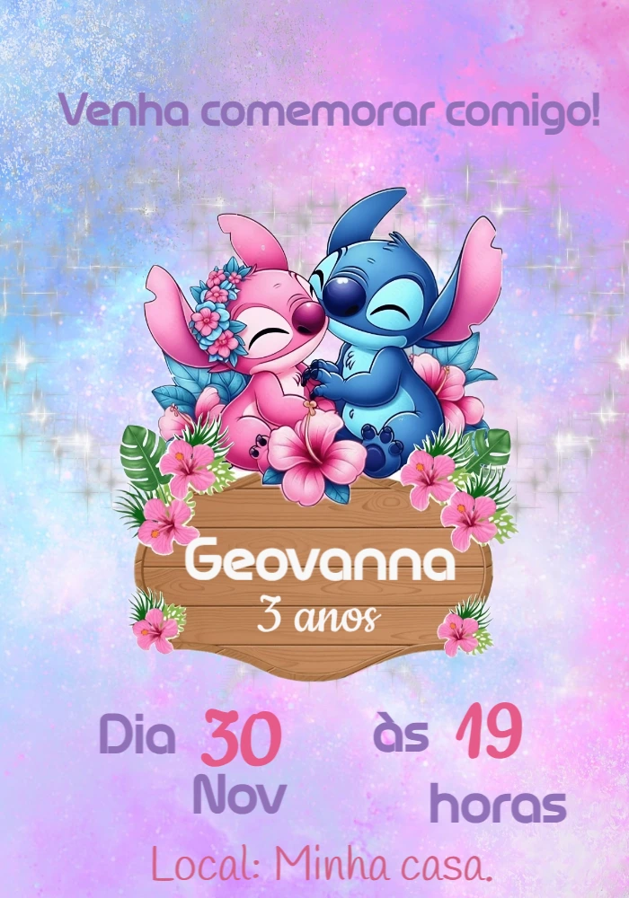 Convite de Aniversário Stitch e Angel para Editar Online