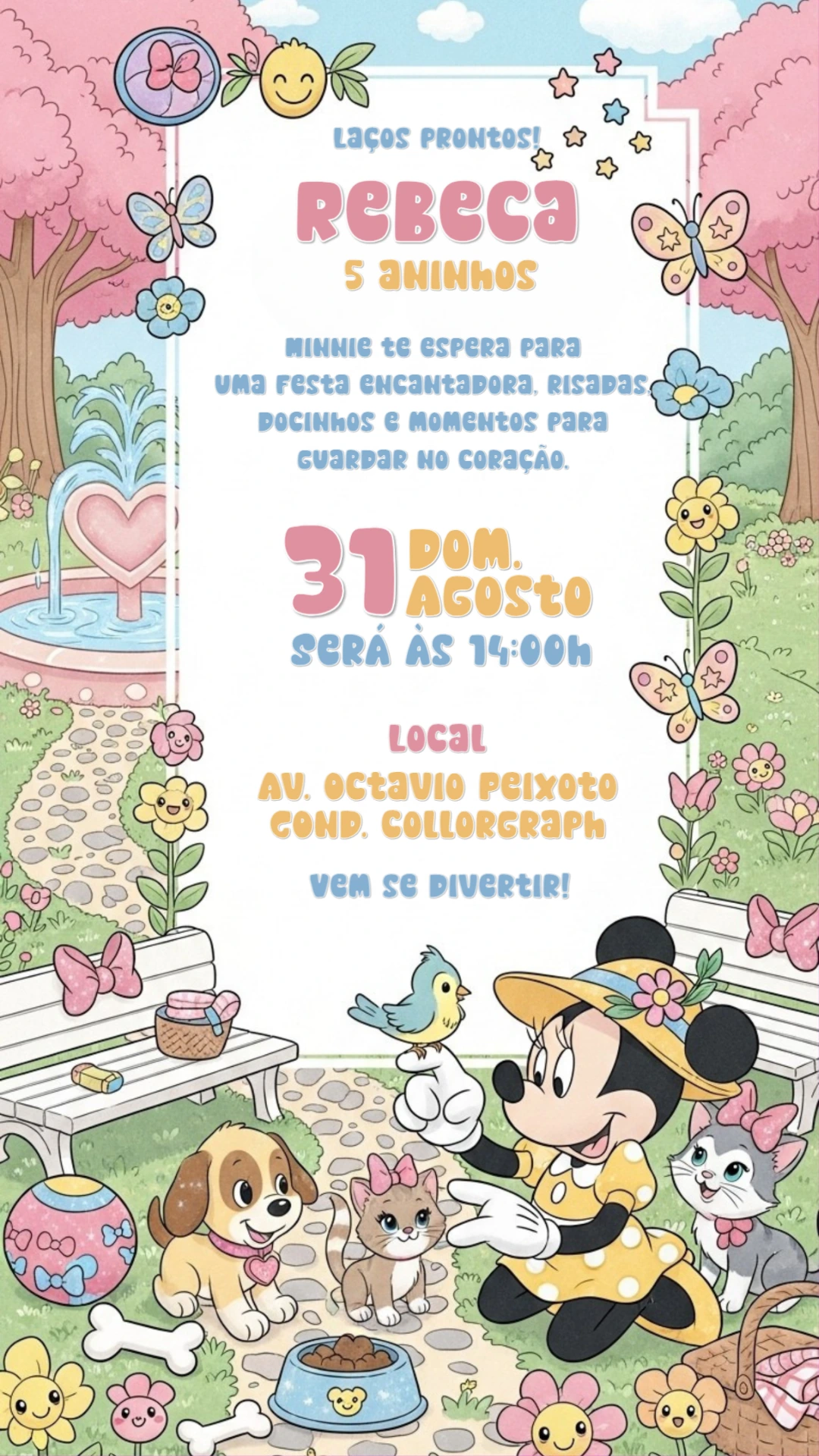 Convite de Aniversário Minnie e Pets para Editar Online