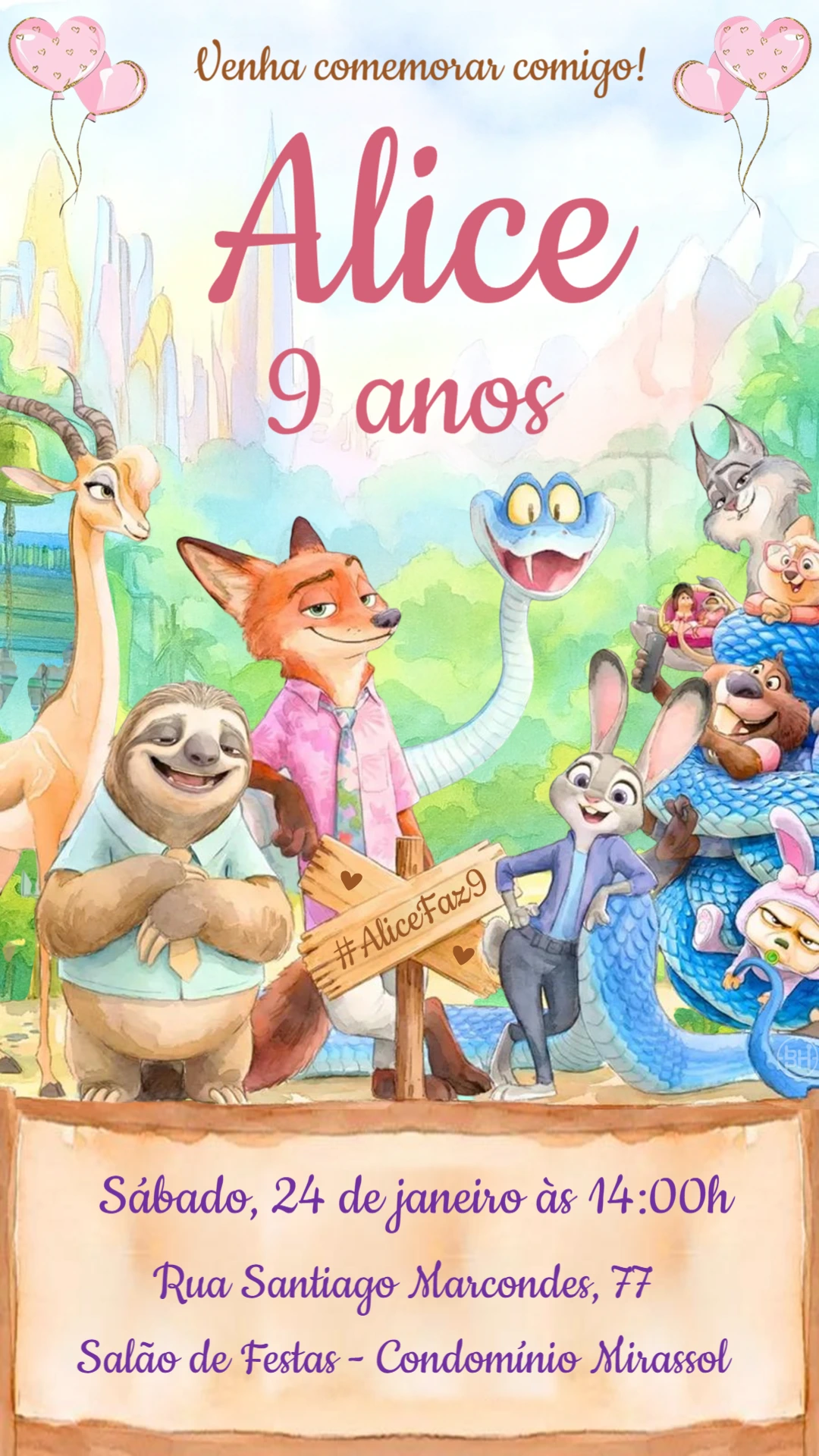 Convite de Aniversário Zootopia Colorido para Editar